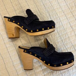 Veronica Beard Navy Mules with Wooden Heel